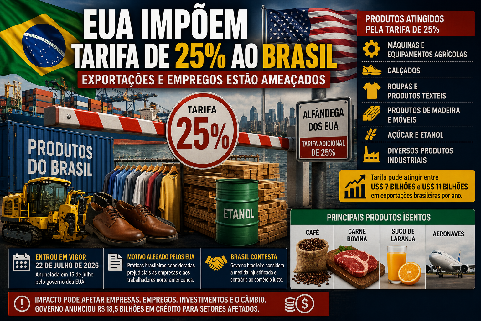 Tarifa de 25% dos Estados Unidos atinge produtos brasileiros e ameaça exportações