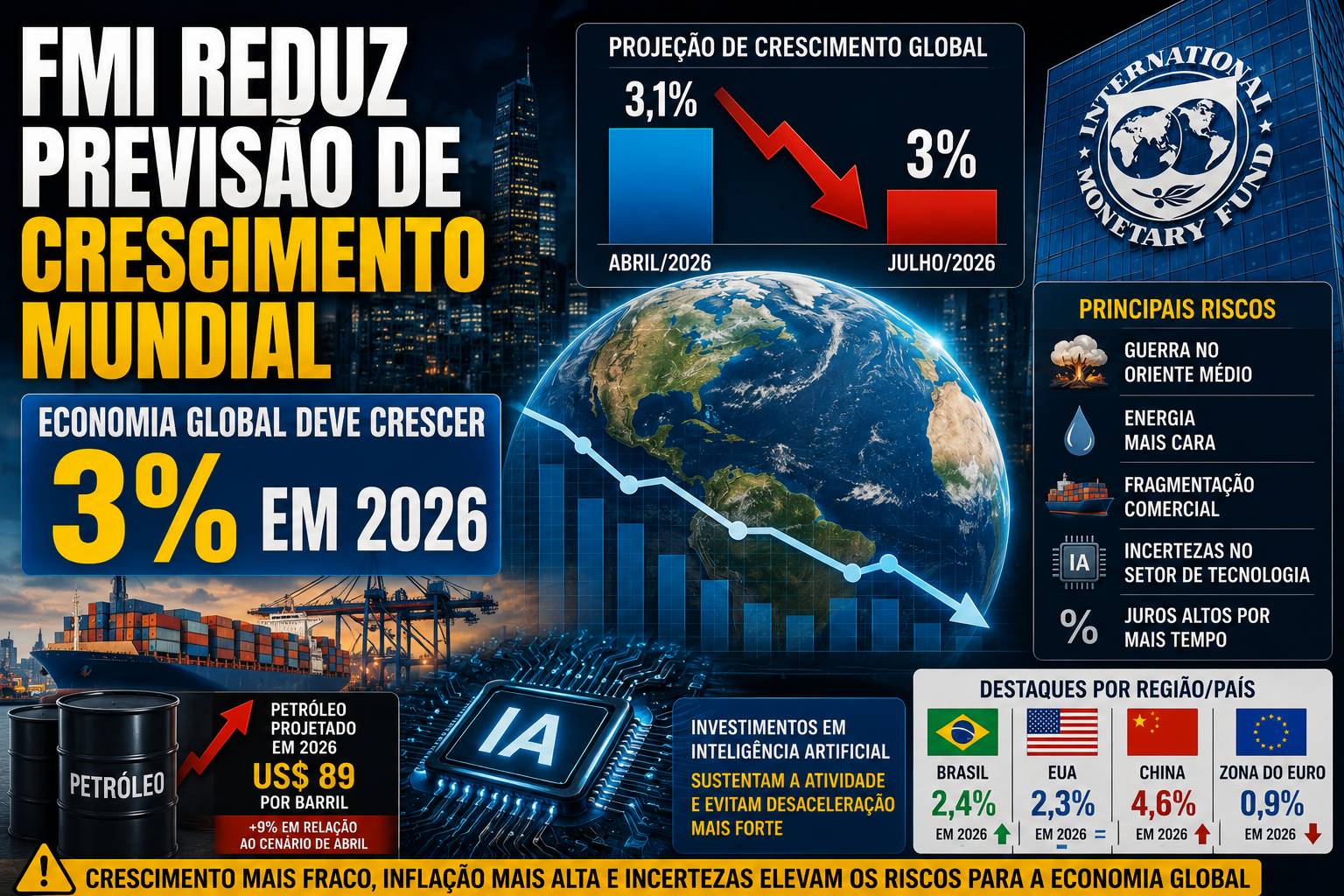 FMI reduz previsão de crescimento mundial para 3% em 2026