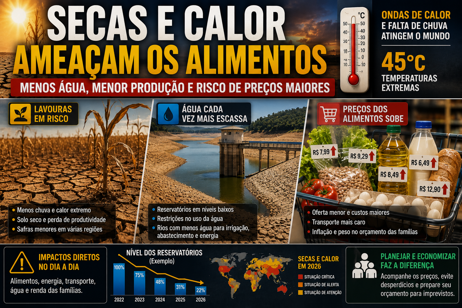 Secas e ondas de calor pressionam água, agricultura e preço dos alimentos