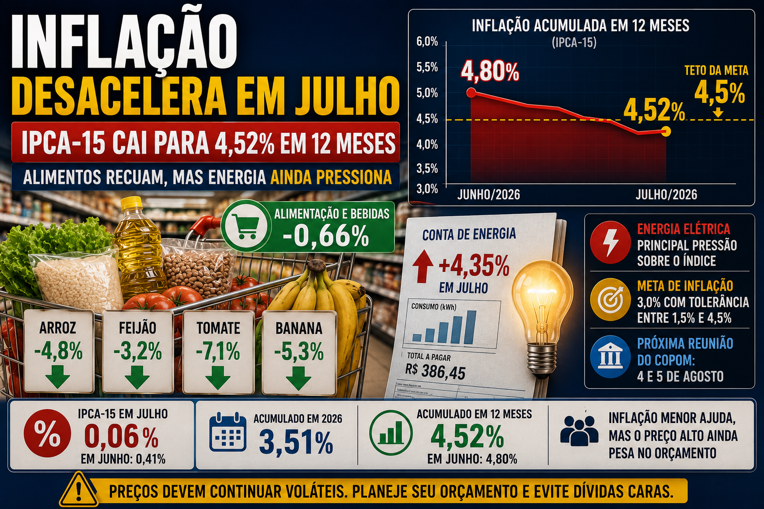 Inflação desacelera e se aproxima do teto da meta em julho