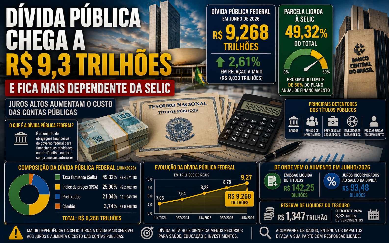 Dívida pública chega a R$ 9,3 trilhões e fica mais dependente da Selic