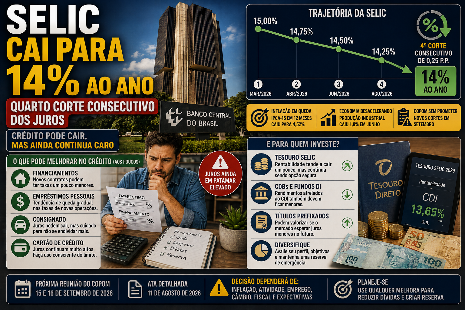 Banco Central reduz a Selic para 14% ao ano: o que muda no seu bolso