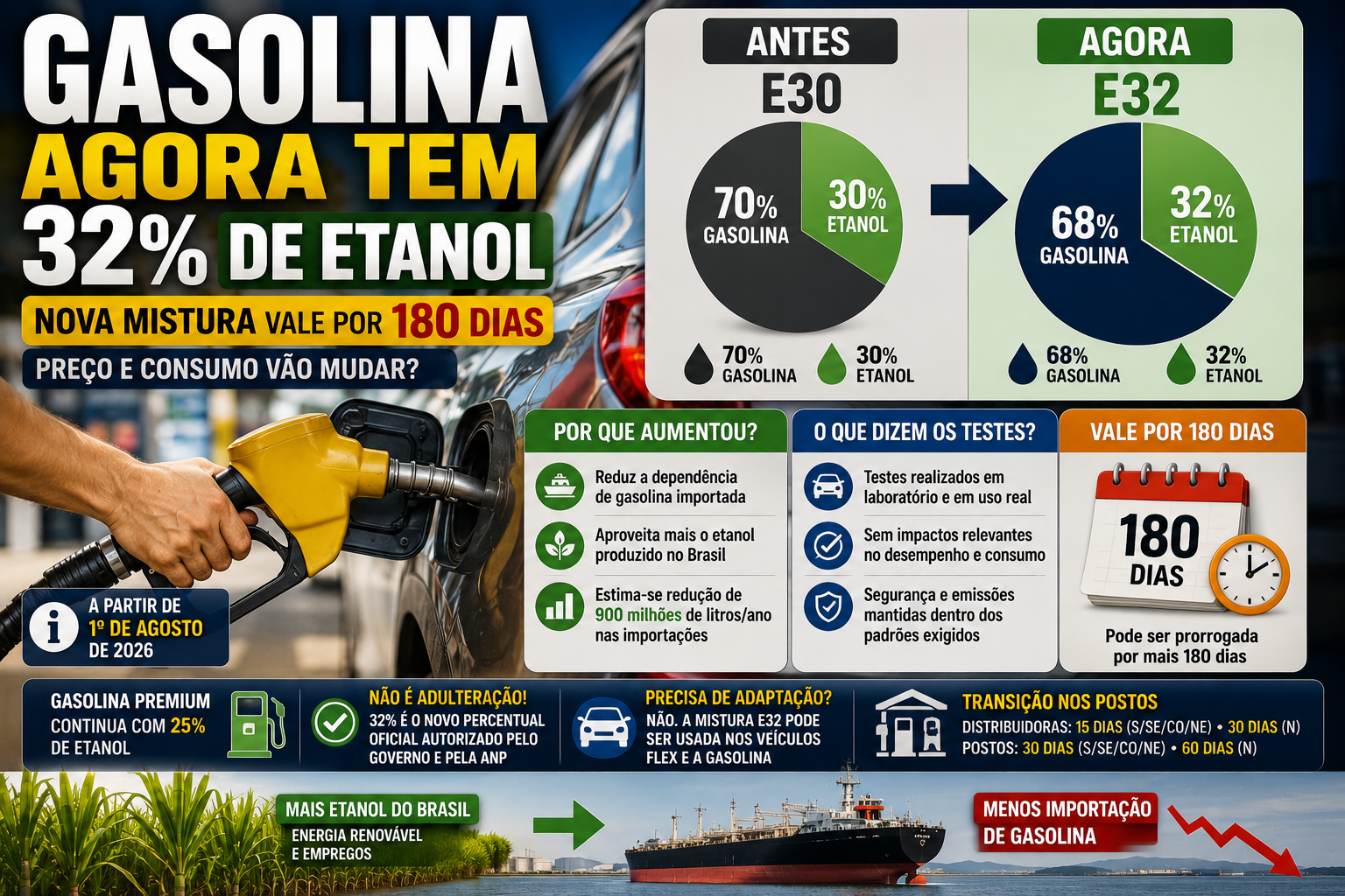 Gasolina passa a ter 32% de etanol por 180 dias: entenda o que muda